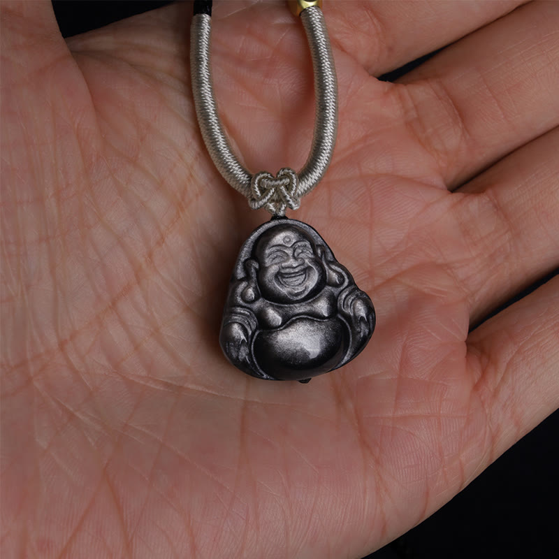 Nimara Ritual Natural Silver Sheen Obsidian Laughing Buddha Protection Necklace Pendant