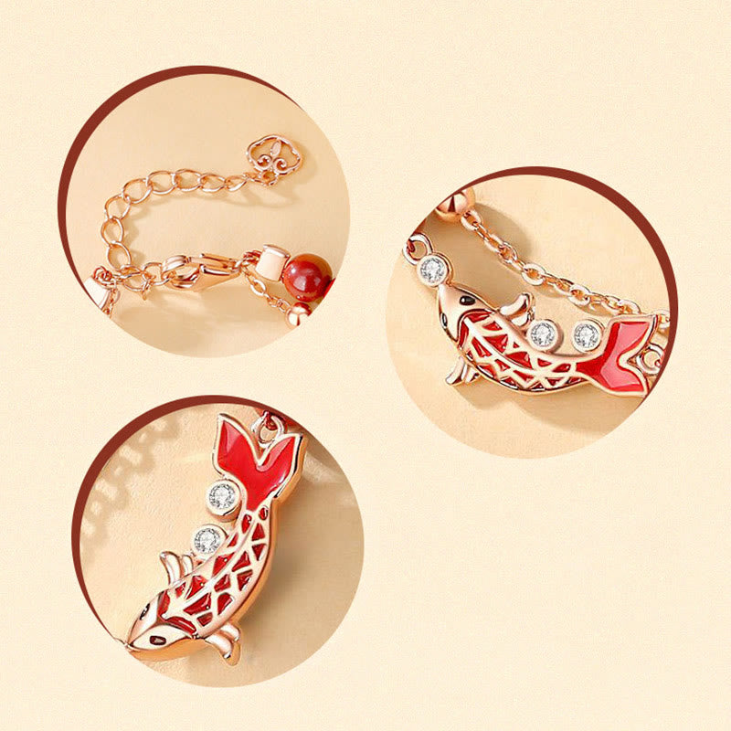 Nimara Ritual 925 Sterling Silver Lucky Koi Fish Cinnabar Zircon Prosperity Double Layer Chain Bracelet