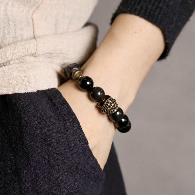 Nimara Ritual Black Obsidian Ebony Wood Copper Strength Couple Bracelet