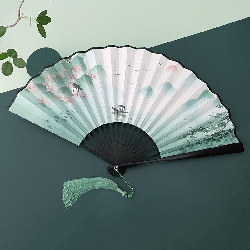 Nimara Ritual Retro Lotus Flower Leaf Mountain Lake Handheld Folding Fan With Bamboo Frames