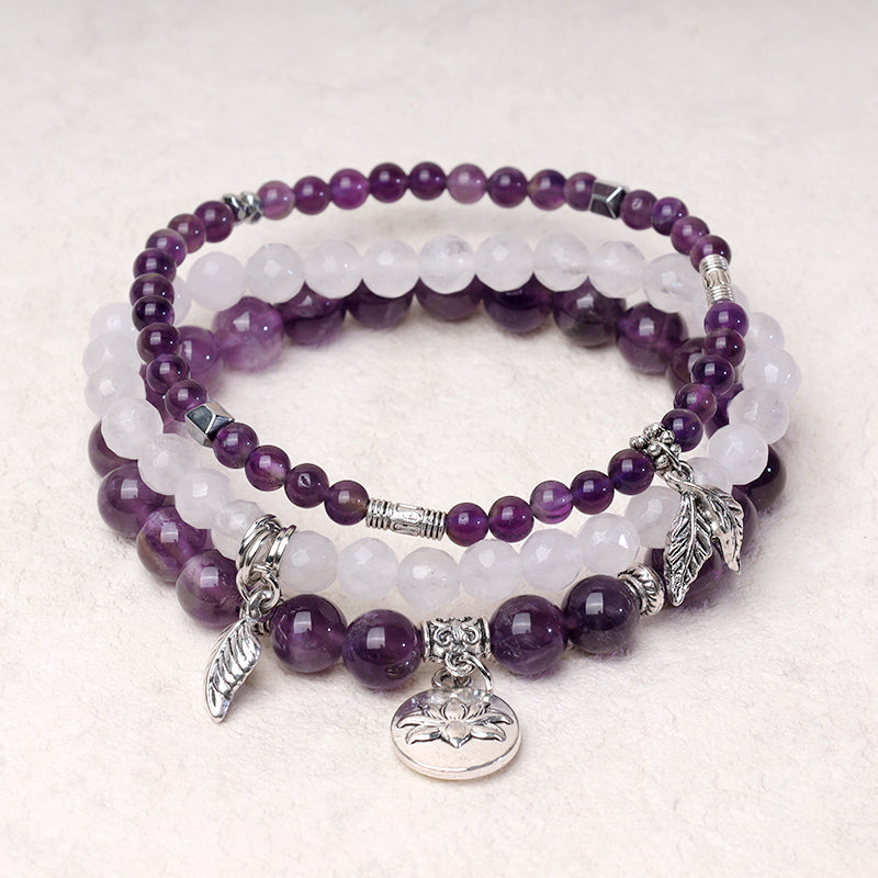 Nimara Ritual 3PCS Natural Quartz Crystal Beaded Healing Energy Lotus Bracelet