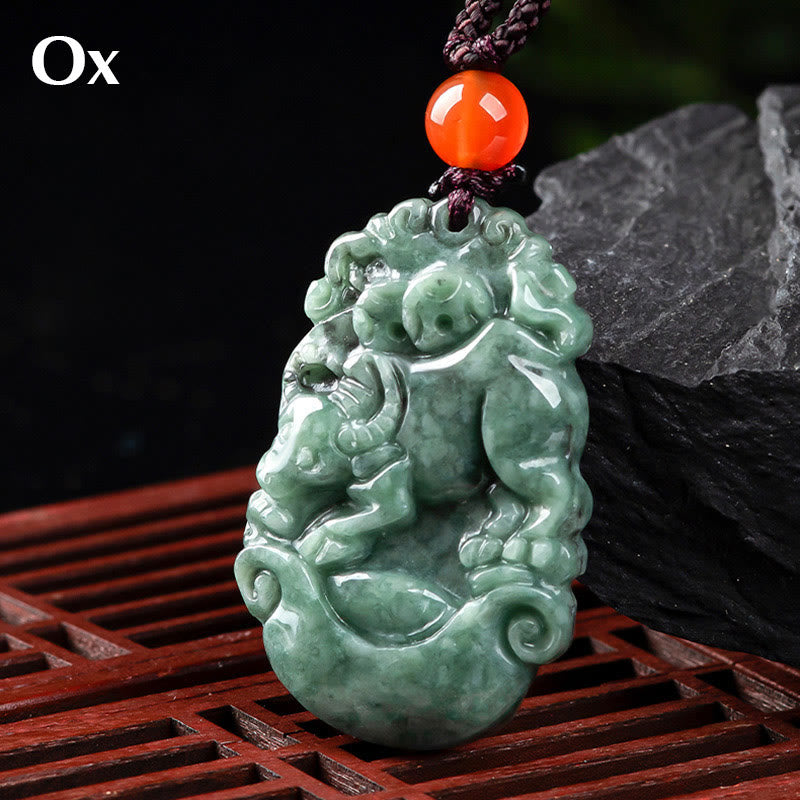 Nimara Ritual Natural Jade 12 Chinese Zodiac Prosperity Necklace Pendant