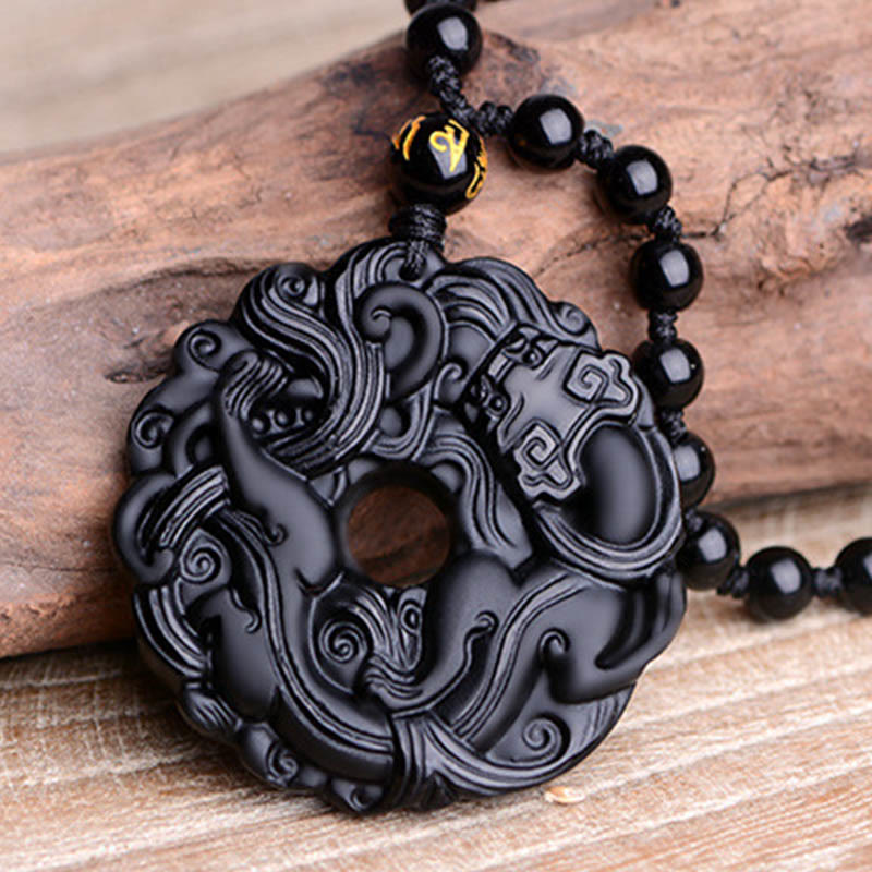 Nimara Ritual Natural Black Obsidian Peace Buckle Pixiu Purification Necklace Pendant