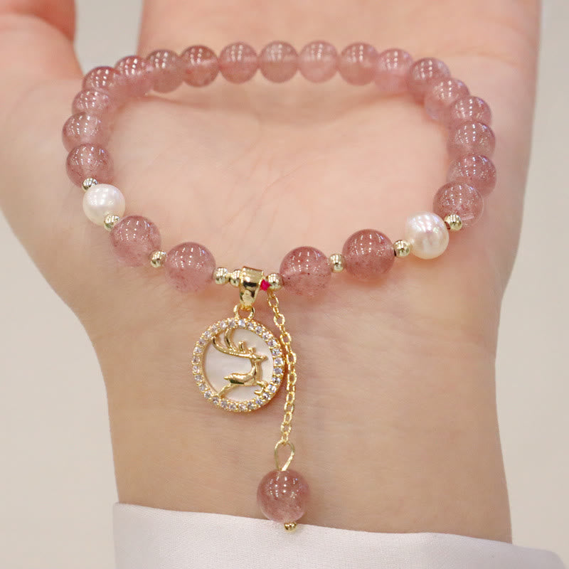 Nimara Ritual Strawberry Quartz Pearl Elk Smiley Face Fishtail Fu Character Charm Healing Bracelet