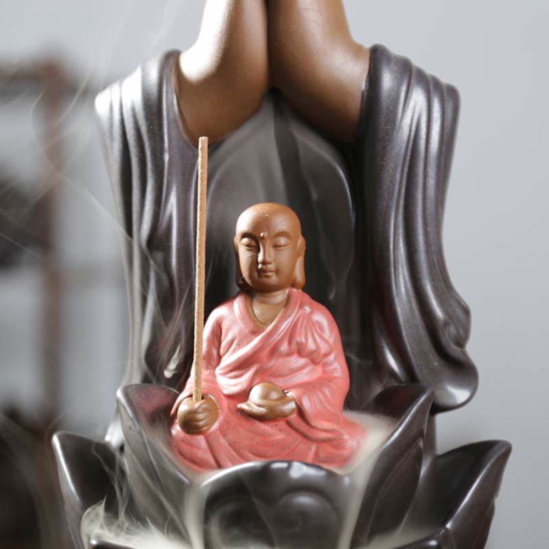 Nimara Ritual Buddha Avalokitesvara Chenrezig Ksitigarbha Ceramic Lotus Blessing Backflow Incense Burner