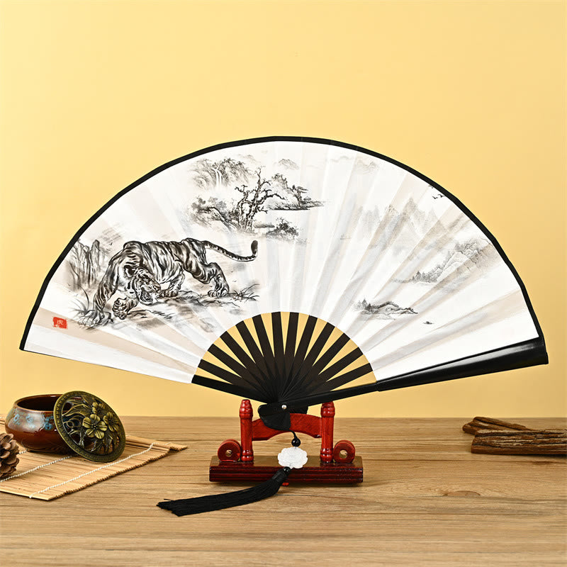 Nimara Ritual Vintage Phoenix Nine Tailed Fox Flower Bamboo Tiger Handheld Folding Fan Lotus Tassel Fan
