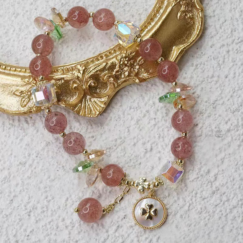 Nimara Ritual Strawberry Quartz Lucky Four Leaf Clover Healing Charm Bracelet