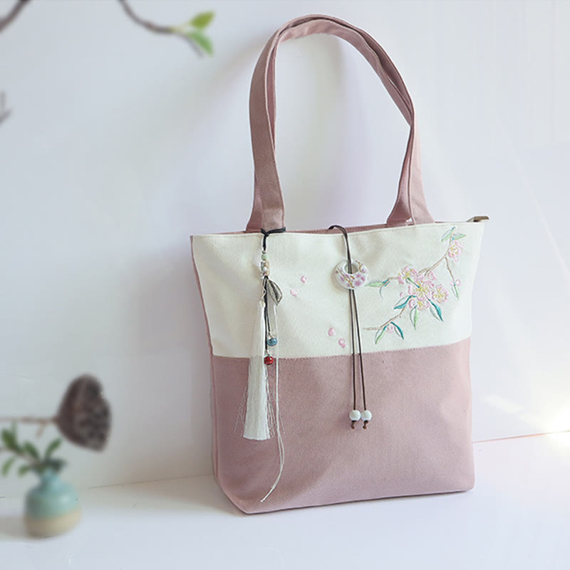 Nimara Ritual Pear Flower Plum Peach Blossom Bamboo Embroidery Canvas Large Capacity Shoulder Bag Tote Bag