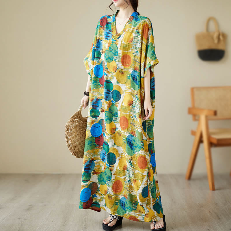 Nimara Ritual Orange Blue Colorful Polka Dots Midi Dress Cotton Half Sleeve Dress With Pockets