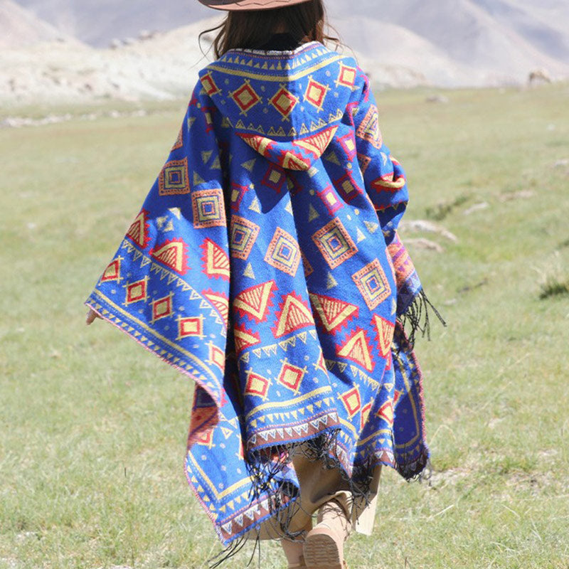 Nimara Ritual Tibetan Shawl Triangle Pattern Hooded Cloak Winter Cozy Travel Scarf Wrap