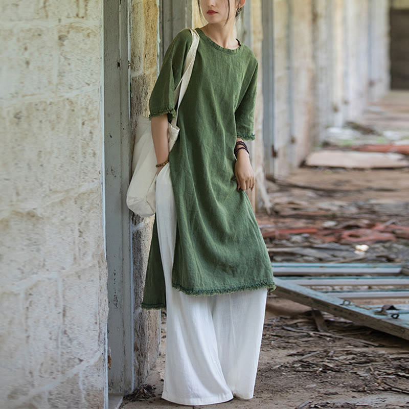 Nimara Ritual Ramie Linen Split Hem Top Women's Half Sleeve T-Shirts