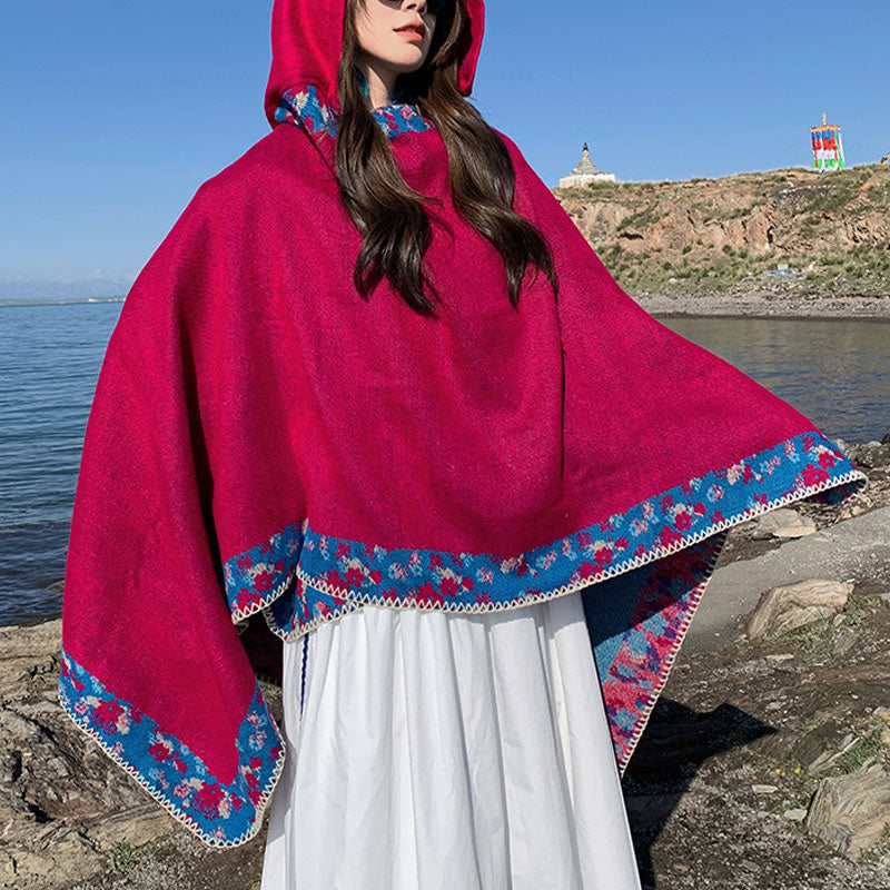 Nimara Ritual Tibetan Shawl Border Small Floral Flower Hooded Cloak Winter Cozy Travel Scarf Wrap