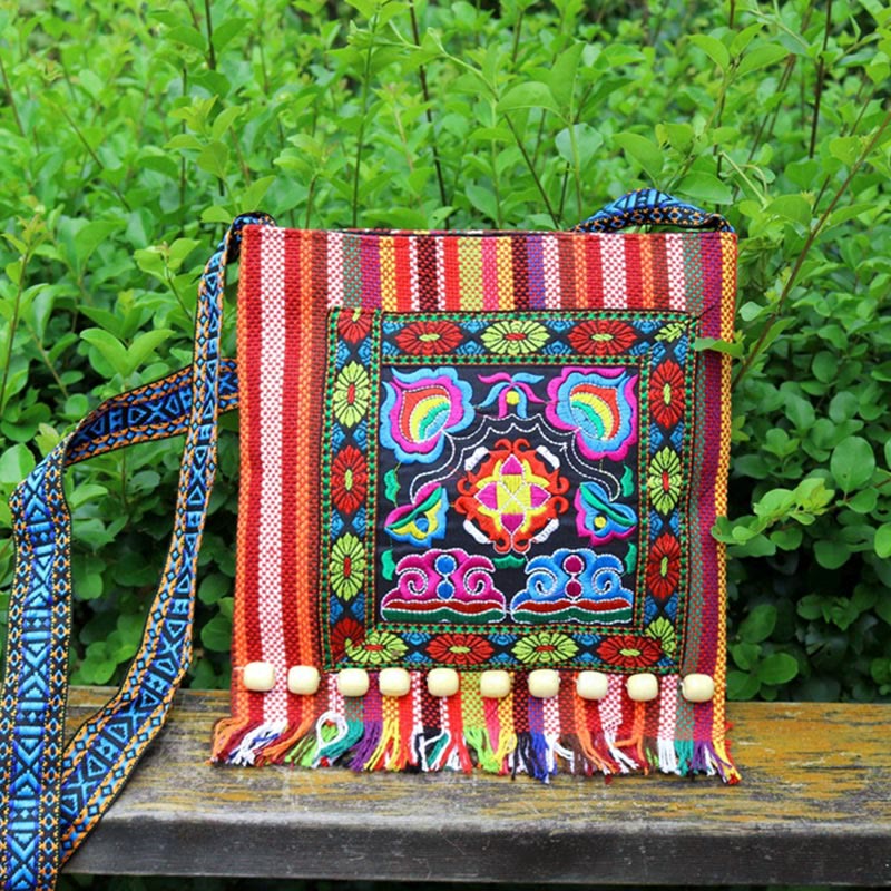 Nimara Ritual Tibetan Handmade Embroidered Camellia Canvas Shoulder Bag Crossbody Bag