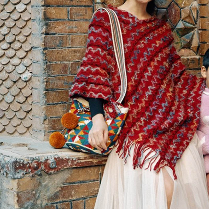 Nimara Ritual Tibetan Colorful Striped Shawl Tassels Pullover Winter Cozy Travel Scarf Wrap