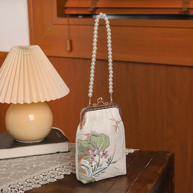 Nimara Ritual Mountain Stone Orchid Pattern Pearl Chain Crossbody Bag Handbag