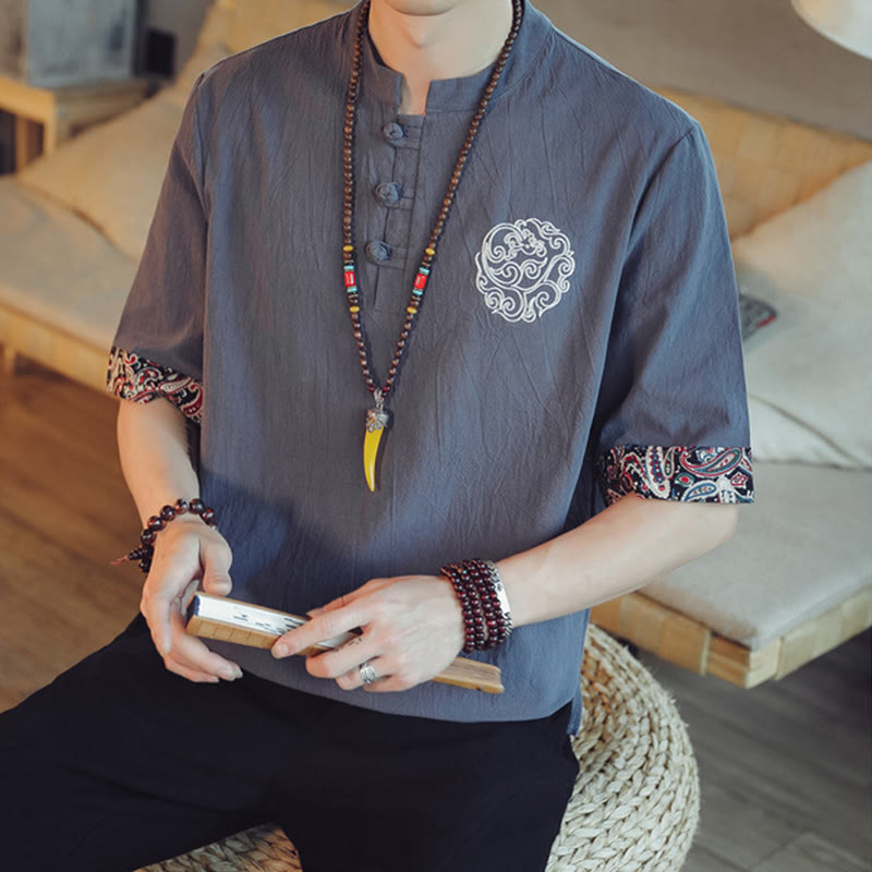 Nimara Ritual Frog-Button Dragon Embroidery Chinese Tang Suit Short Sleeve Shirt Men Clothing