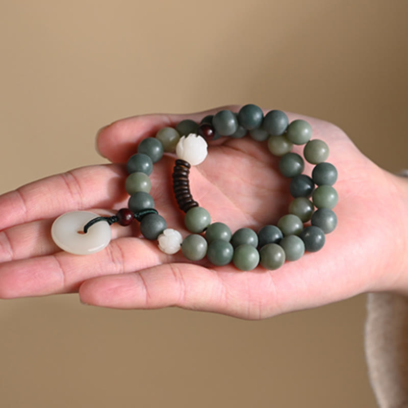 Nimara Ritual Cyan Bodhi Seed Lotus Jade Peace Buckle Wisdom Double Wrap Bracelet