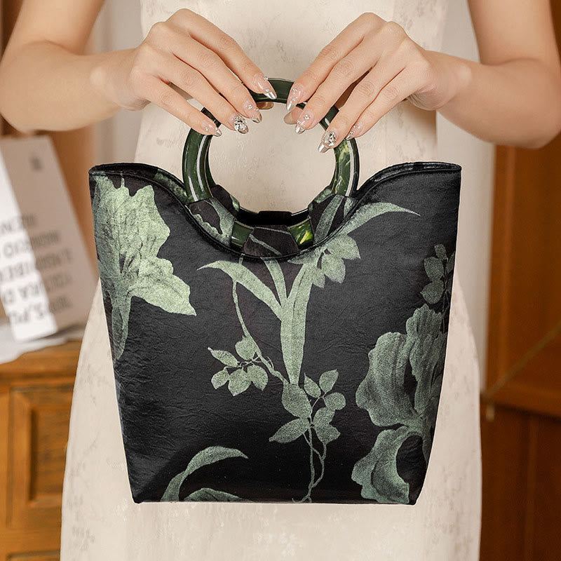 Nimara Ritual Black Green Orchids Print Vintage Handbag