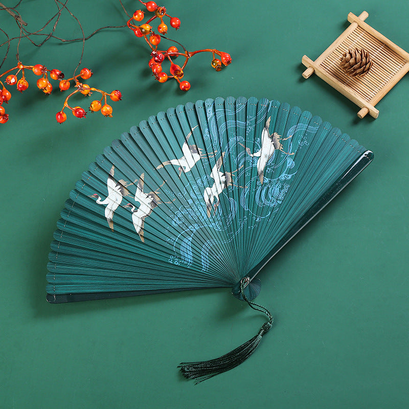 Nimara Ritual Vintage Cloud Crane Maple Leaf Pattern Handheld Bamboo Folding Fan
