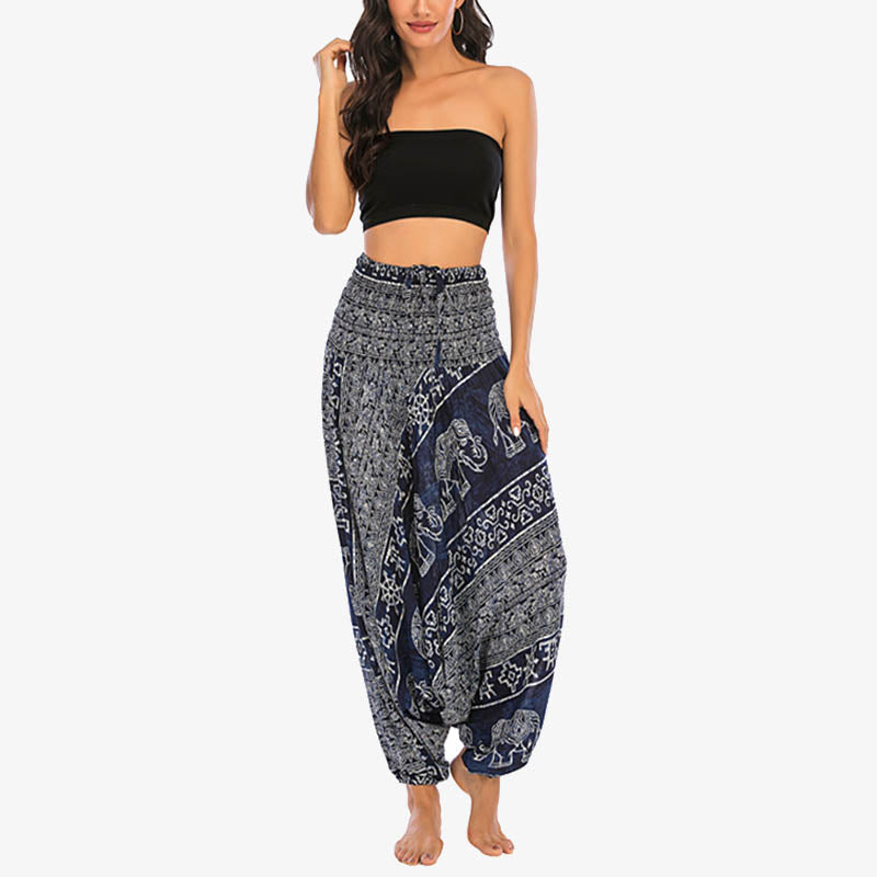 Nimara Ritual Two Style Wear Elephant Pattern Loose Smocked Harem Trousers Jumpsuit Women's Yoga Pants