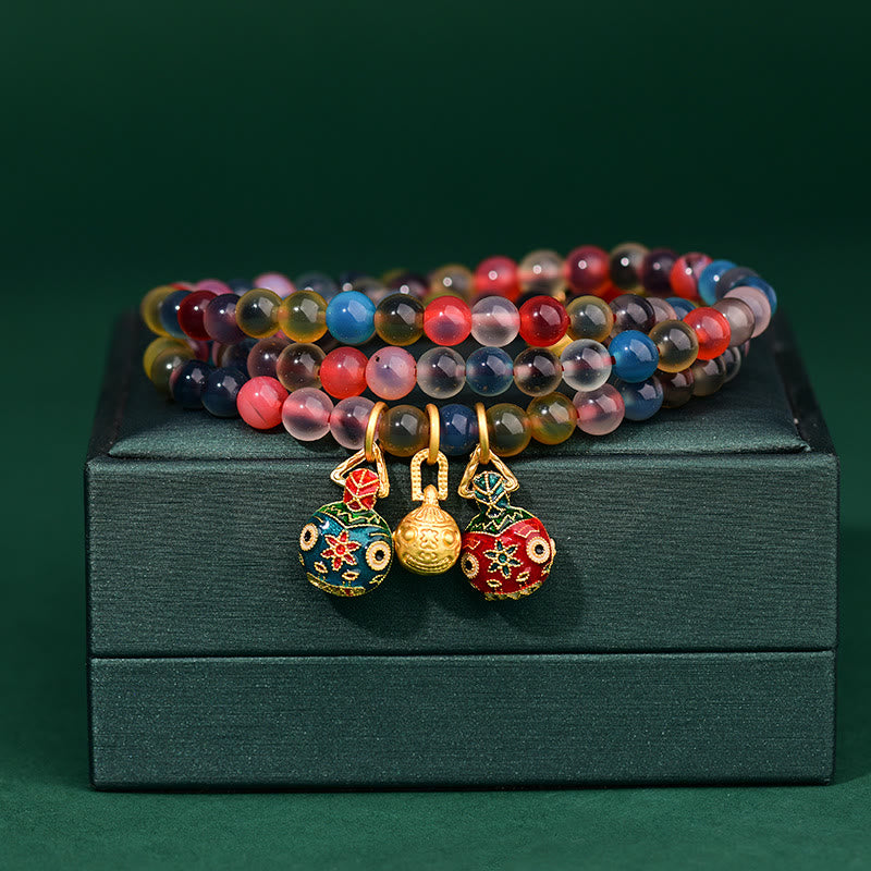 Nimara Ritual Colorful Candy Agate Gold Swallowing Beast Family Strength Charm Triple Wrap Bracelet