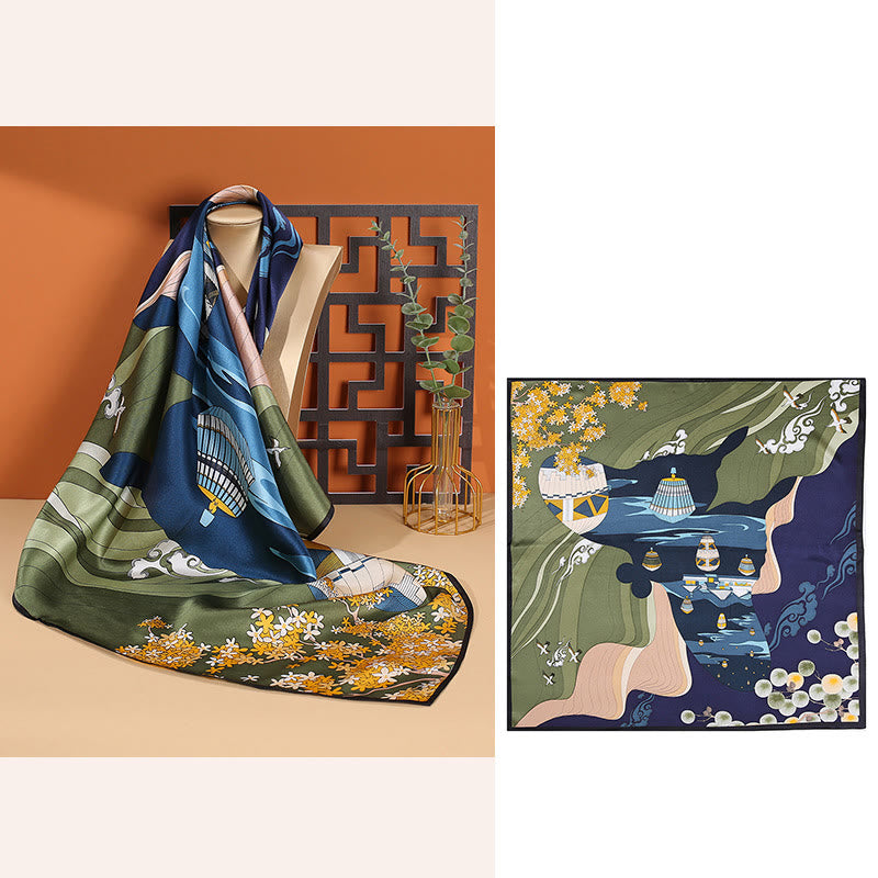 Nimara Ritual Pastoral Scene Hot Air Balloon Spring Blossom 100% Mulberry Silk Neck Hair Scarf