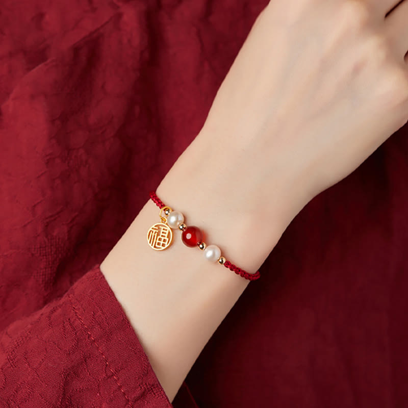 Nimara Ritual 925 Sterling Silver Good Fortune Fu Character Agate Pearl Red String Braid Bracelet