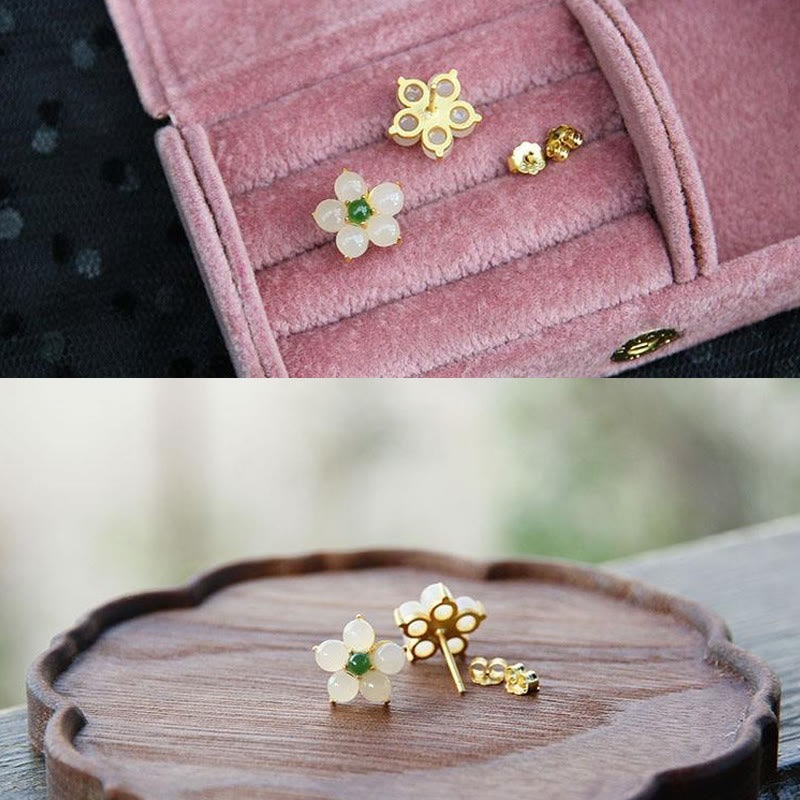Nimara Ritual White Jade Flower Luck Blessing Stud Earrings