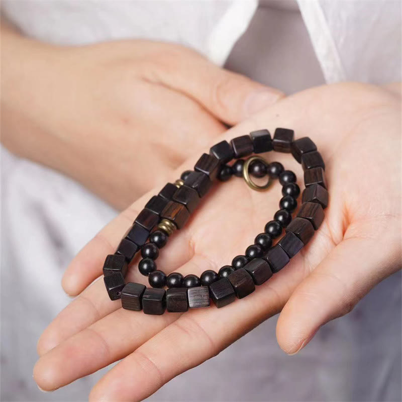 Nimara Ritual Tibet Ebony Wood Square Beads Peace Double Wrap Bracelet