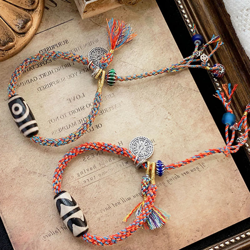 Nimara Ritual Tibetan 925 Sterling Silver Om Mani Padme Hum Handmade Dzi Bead Protection Braid Bracelet