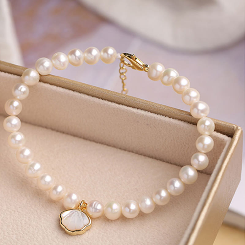 Nimara Ritual 14K Gold Plated Natural Pearl Crystal Shell Charm Bead Bracelet