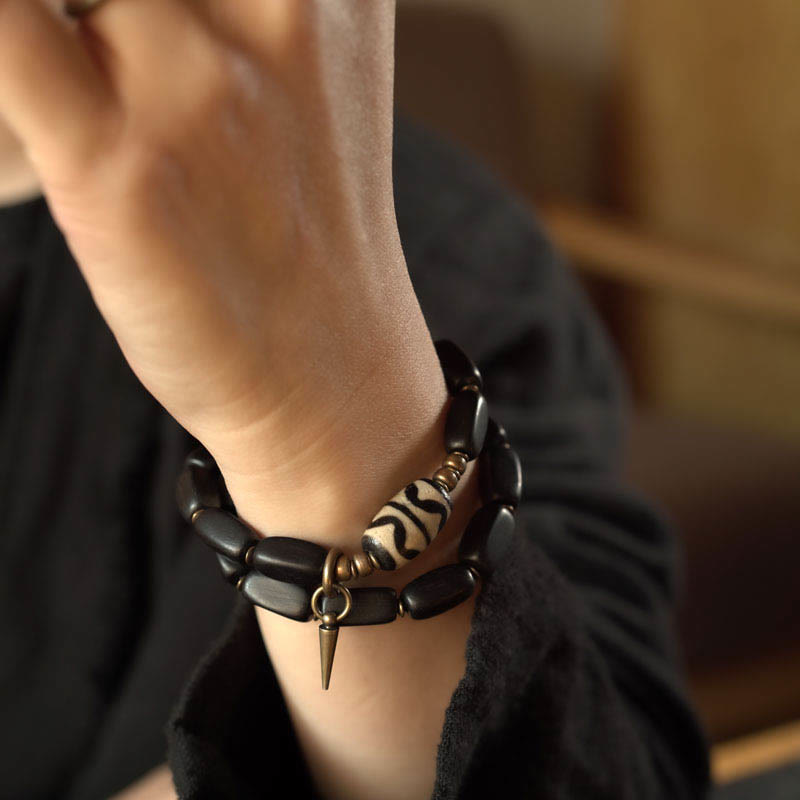 Nimara Ritual Tibet Ebony Wood Dzi Bead Copper Balance Double Wrap Bracelet
