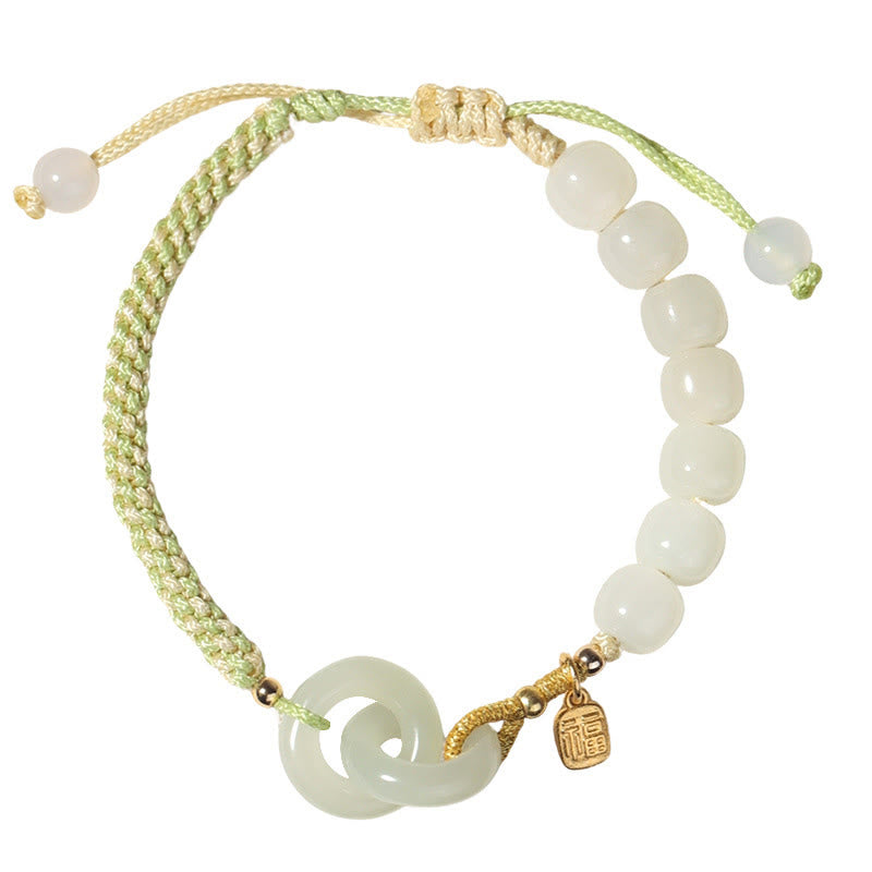 Nimara Ritual Natural Hetian Jade Bead Double Peace Buckle Fu Character Abundance Braided Bracelet