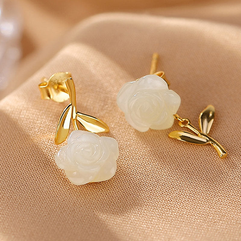 Nimara Ritual 925 Sterling Silver Plated Gold Jade Rose Flower Cyan Jade Pearl Luck Earrings