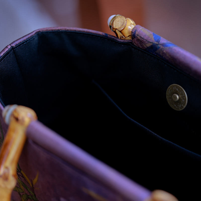 Nimara Ritual Purple Magpie Birds Branches Bamboo Handles Handbag