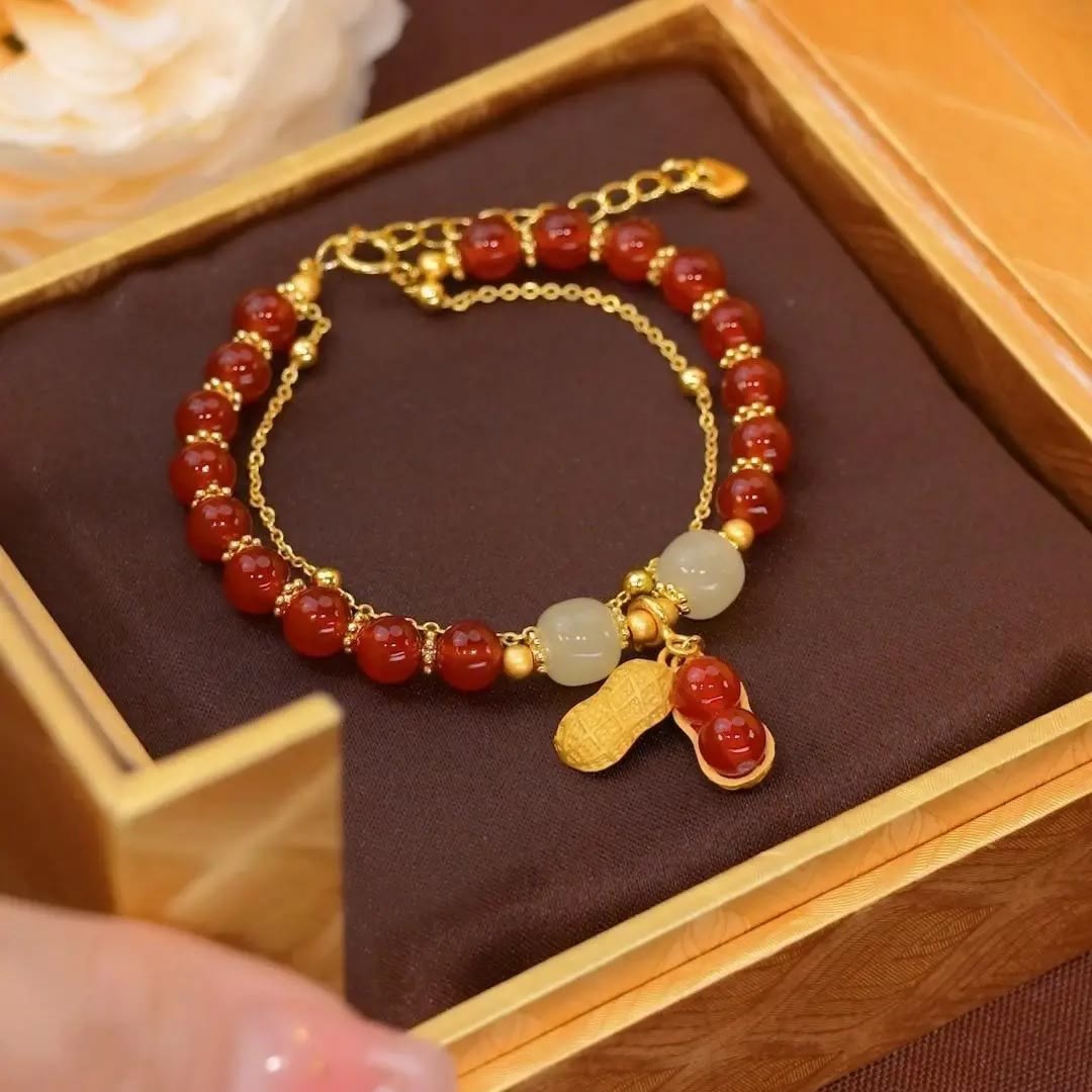 Nimara Ritual Jade Leaf Ginkgo Tulip Peanut Fu Character Luck Beaded Bracelet