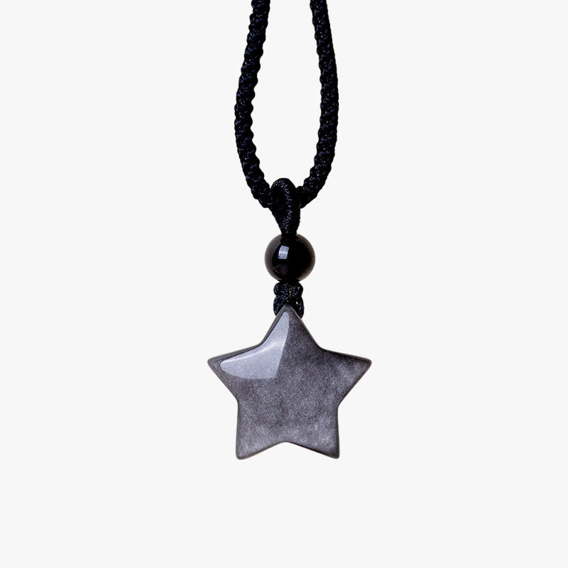 Nimara Ritual Natural Silver Sheen Obsidian Star Crescent Moon Protection Necklace Pendant