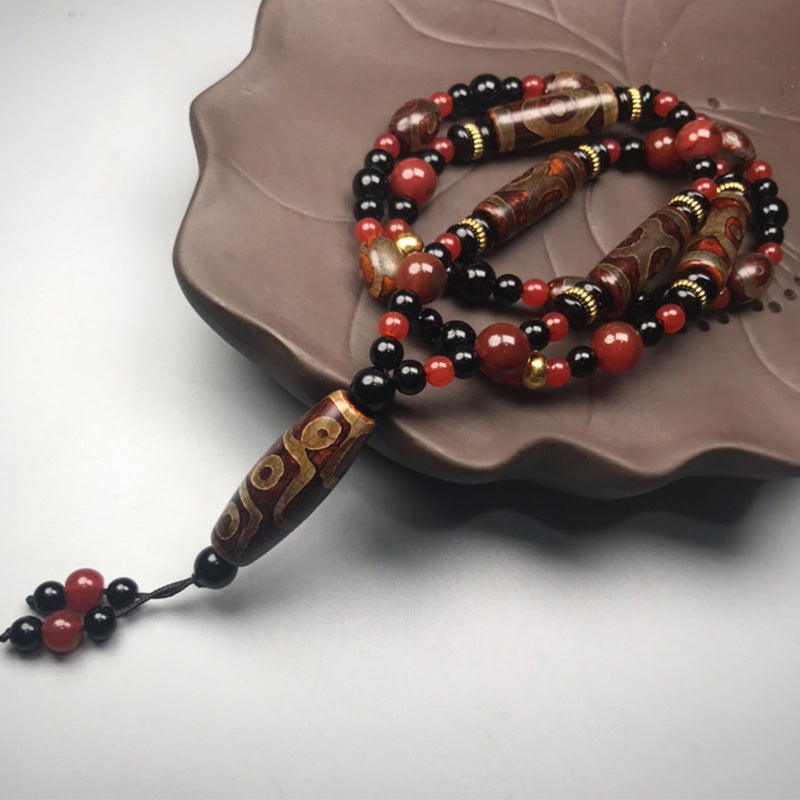 Nimara Ritual Nine-Eye Dzi Bead Red Agate Wealth Health Necklace