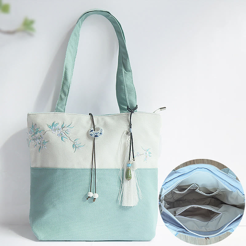 Nimara Ritual Pear Flower Plum Peach Blossom Bamboo Embroidery Canvas Large Capacity Shoulder Bag Tote Bag
