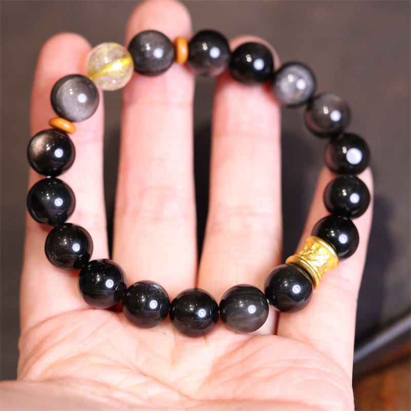 Nimara Ritual Natural Silver Sheen Obsidian Crystal Om Mani Padme Hum Bead Protection Bracelet