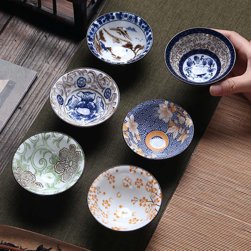 Nimara Ritual Flowers Fu Character Mountains Lotus Cherry Blossoms Ceramic Teacup Kung Fu Tea Cup