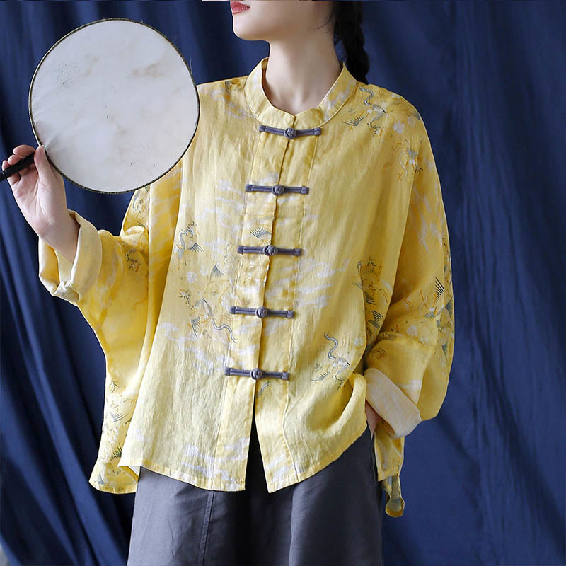 Nimara Ritual Yellow Phoenix Print Frog-button Design Long Sleeve Ramie Linen Jacket Shirt