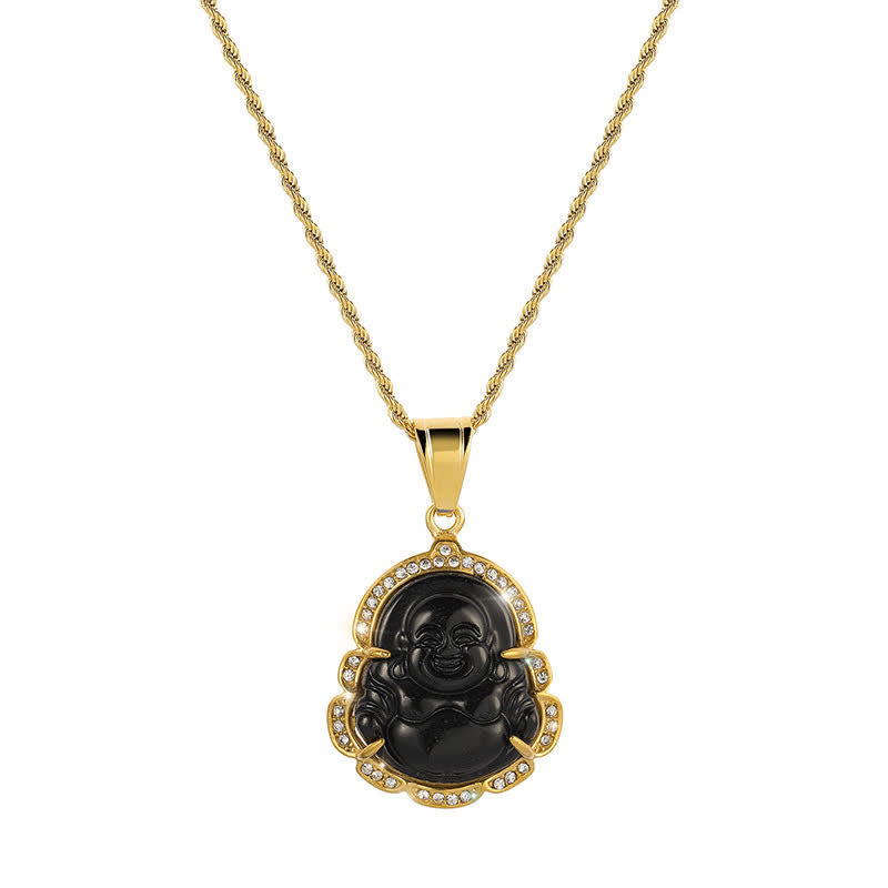 Nimara Ritual 18K Gold Filled Laughing Buddha Jade Luck Necklace Chain Pendant