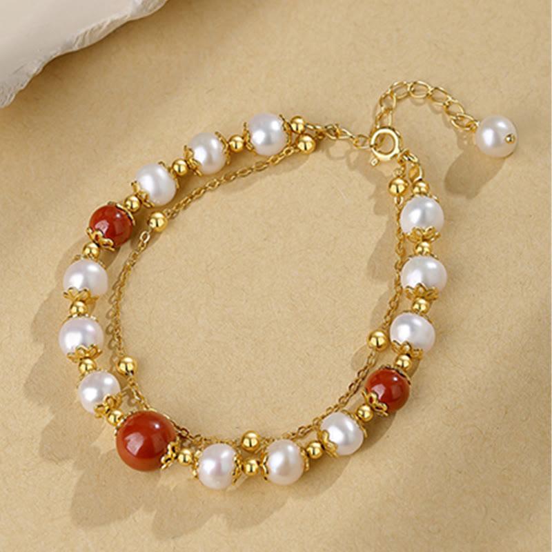 Nimara Ritual 925 Sterling Silver Pearl Cinnabar Wisdom Bead Double Layer Chain Bracelet