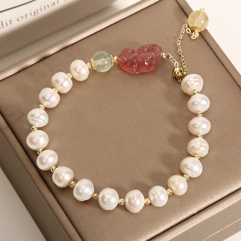 Nimara Ritual Natural Pearl Strawberry Quartz PiXiu Optimism Charm Bracelet