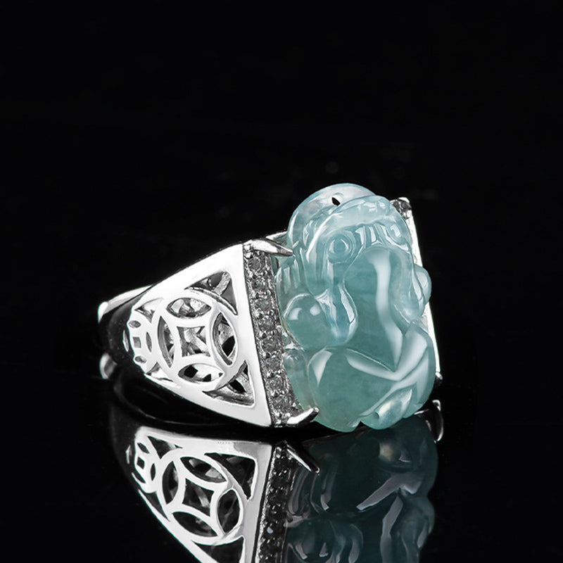 Nimara Ritual 925 Sterling Silver Fengshui Wealth Prosperity Jade PiXiu Luck Ring