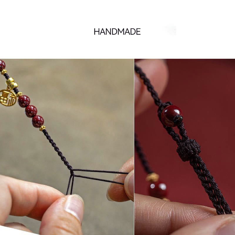 Nimara Ritual Cinnabar Bead Fu Character Charm Blessing Braided String Bracelet