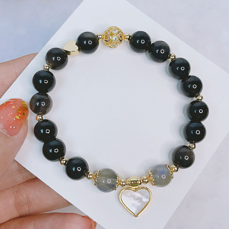Nimara Ritual Natural Silver Sheen Obsidian Love Heart Star Flower Protection Bracelet