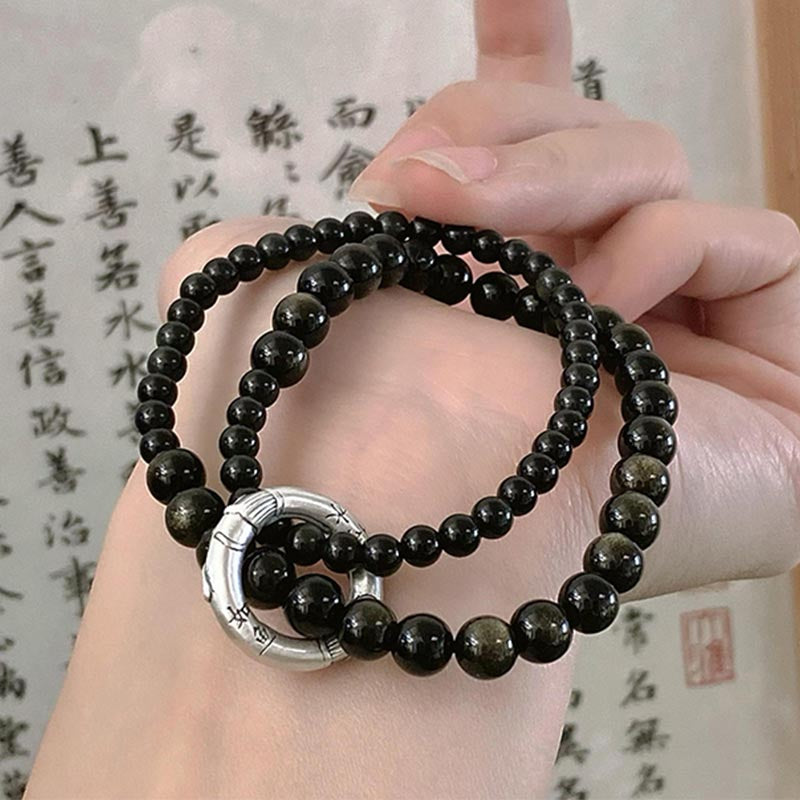 Nimara Ritual 999 Sterling Silver Black Obsidian Fulfillment Strength Double Layer Bracelet