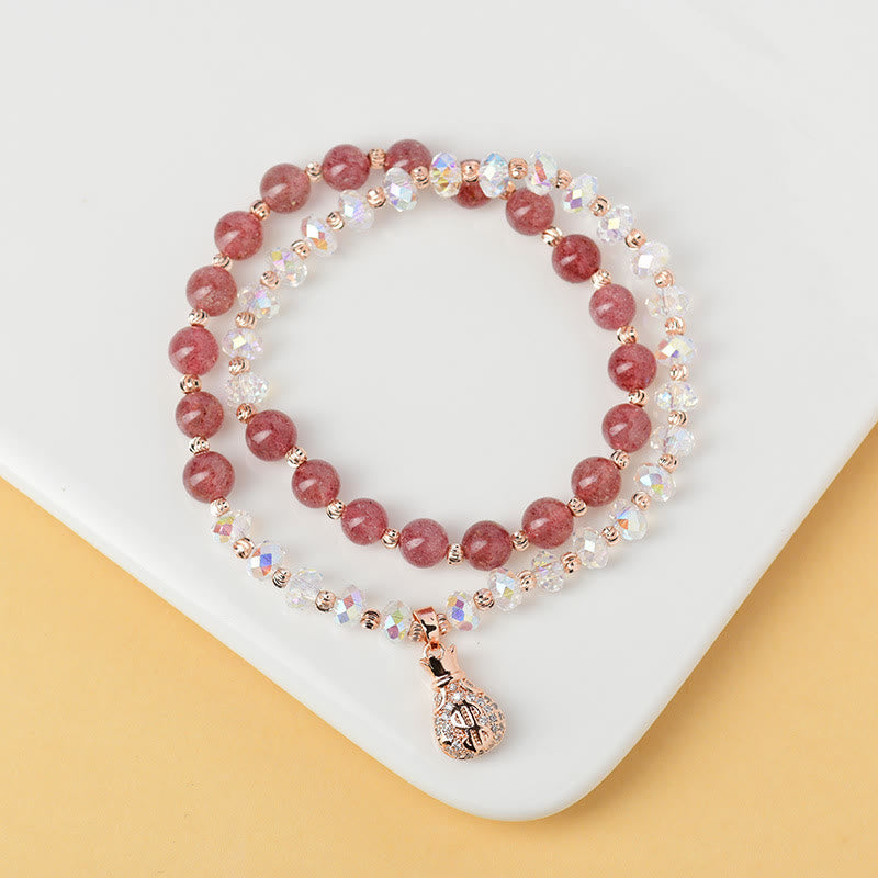 Nimara Ritual Strawberry Quartz White Crystal Money Bag Charm Positive Bracelet